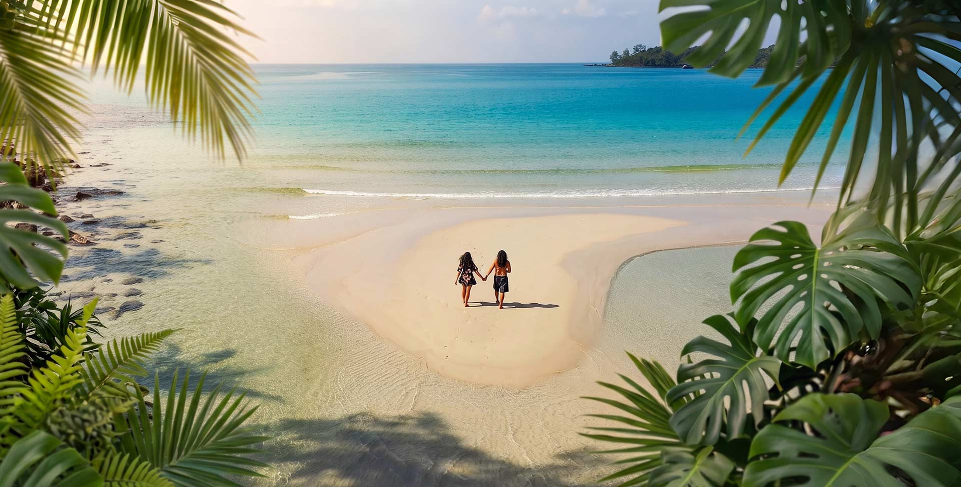 Lina and Dan walking on a pristine sandbar
